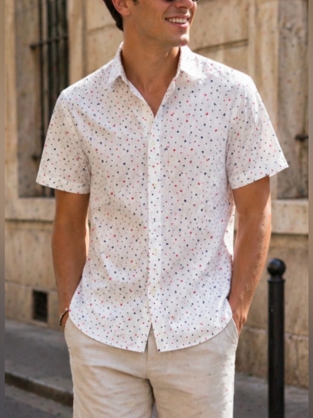 Express Short-Sleeve Button-Up Shirt with Red & Blue little stars Print